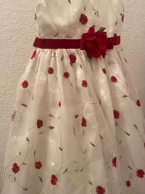 Ivory Formal Dress with Red Floral Embroidery and Red Velvet Flower Belt